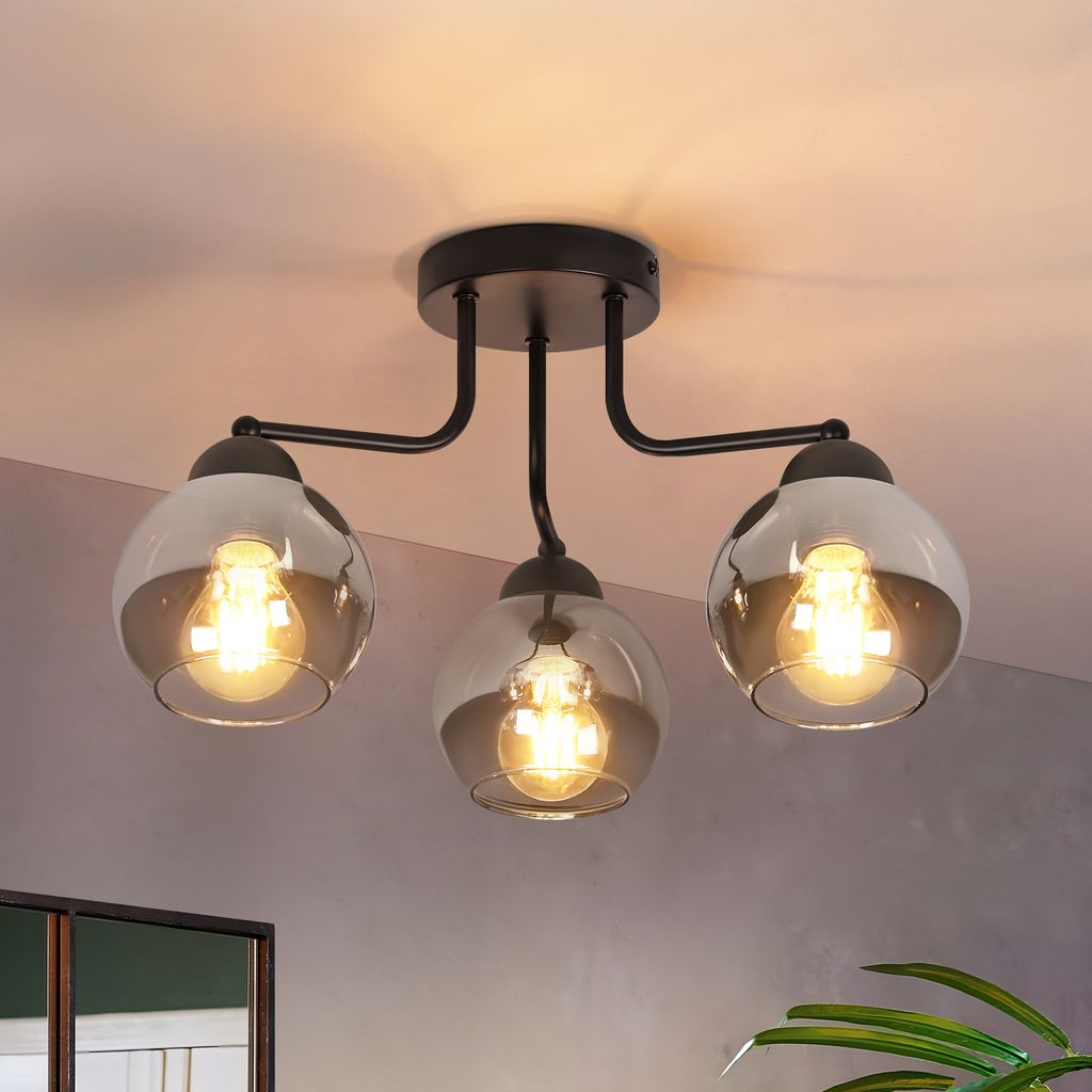 ZMH deckenleuchte Glas Deckenlampe Schwarz Vintage Küchenlampe Decke 3 flammig Industrial E27 Fassung Kugel Deckenbeleuchtung rund Ohne Leuchtmittel