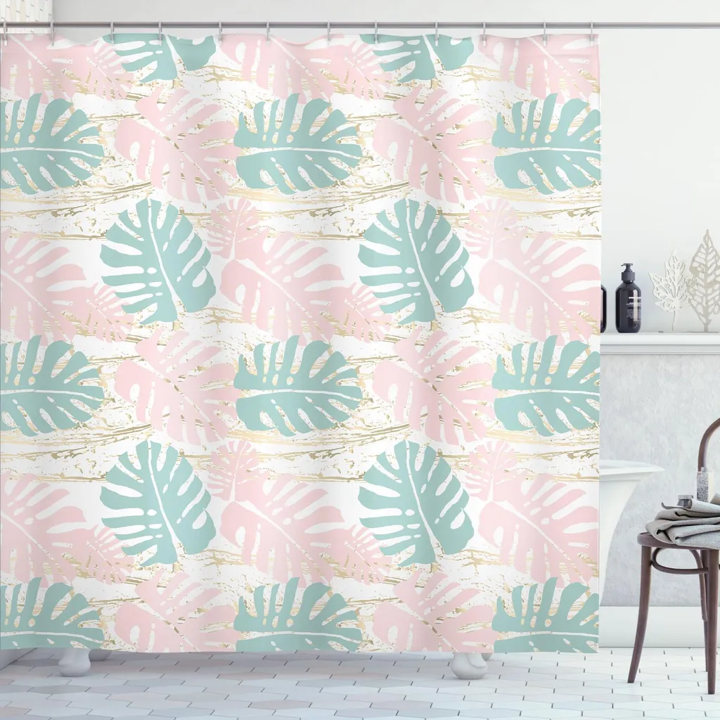 ABAKUHAUS Tenda da doccia rosa, motivo tropicale con foglie di monstera bicolori pastello su macchie moderne, 175 x 220 cm, bianco e multicolore