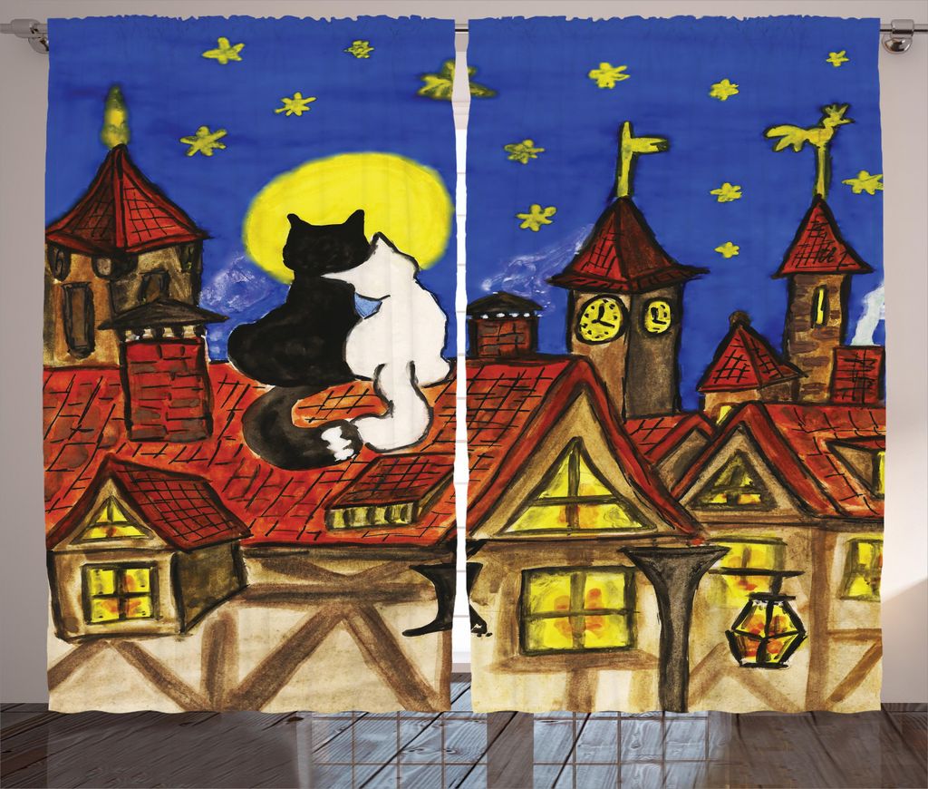ABAKUHAUS Katzen Rustikaler Vorhang, 2 Liebhaber Katzen mit Sky, Wohnzimmer Universalband Gardinen mit Schlaufen und Haken, 280 x 245 cm, Mehrfarbig