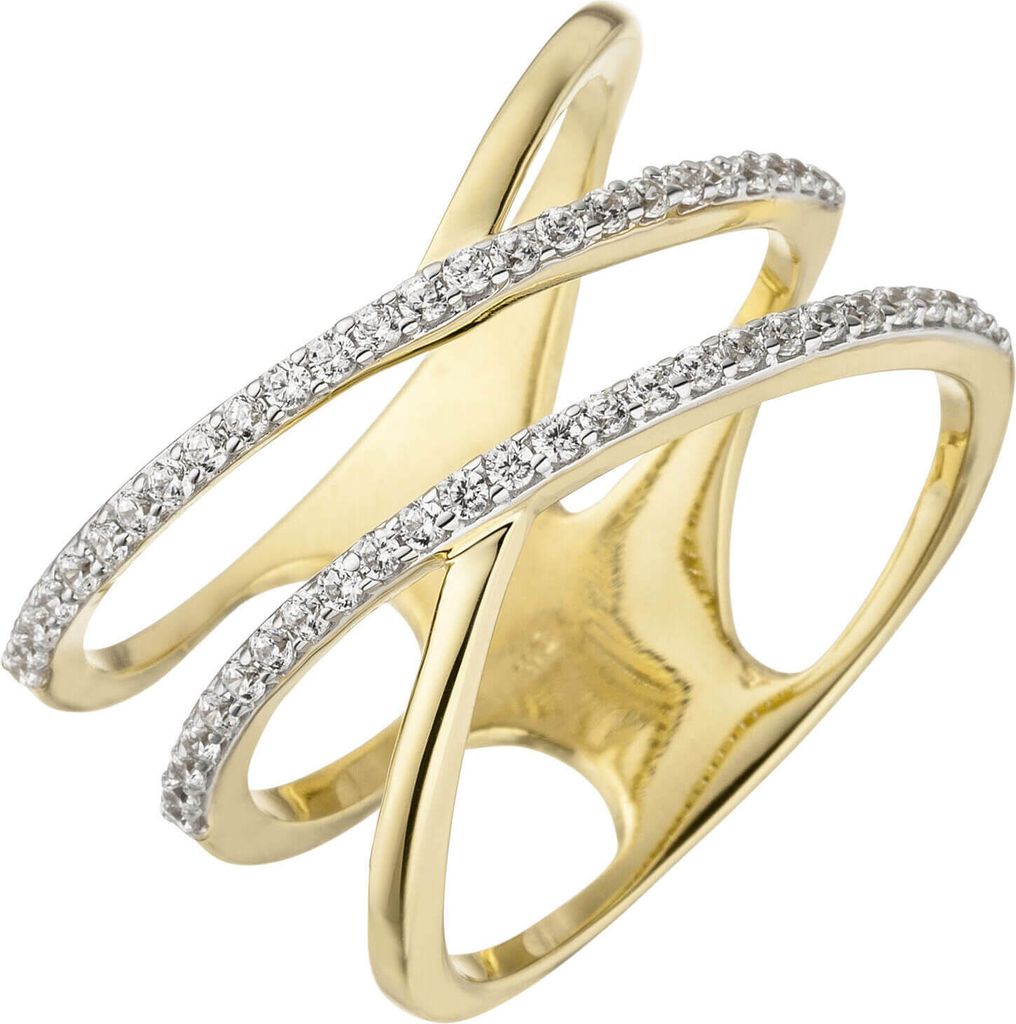 Ring Damenring elegant verformt weiße Zirkonia breit 3-reihig 375 Gold Gelbgold Innenumfang 56mm Ø17.8mm