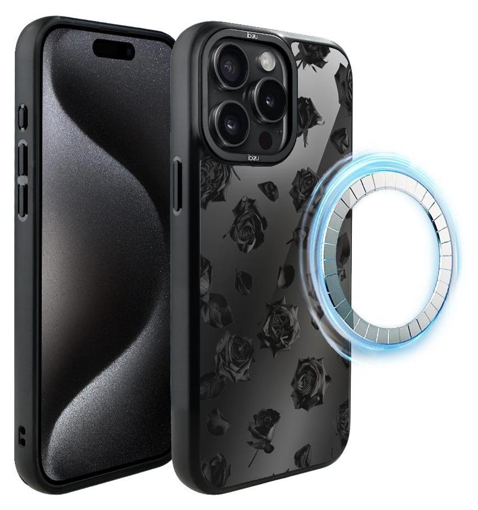Schutzhülle für das iPhone 15 Pro, MagSafe-kompatibel, mattschwarze Seiten, Schwarze Rosen