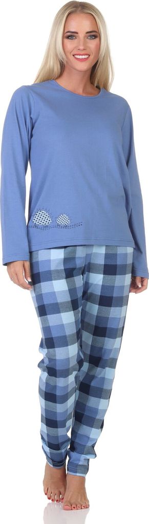 Normann Damen Jersey Schlafanzug langarm Pyjama mit karierter Hose und Tiermotiv ; dunkelblau , 40