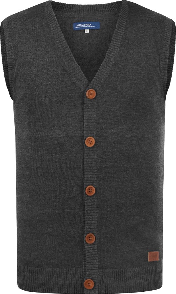 BLEND BHLennardo Herren Pullunder Strickweste Feinstrick Weste mit V-Ausschnitt Holz-Knopfleiste ärmellos Baumwollmischung Regular fit