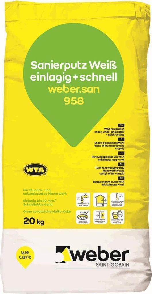 weber.san 958, witte renovatiepleister, 20 kg, éénlaags en Productafbeelding 