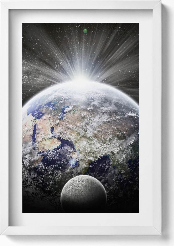 Ansicht der Erde und des Mondes– Wandbild mit Rahmen – Gerahmtes Bild – Wanddekoration – 40x60 cm – Weiß