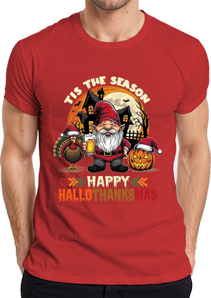 Happy Hallothanksmas Gnome Turkey Jack O Lantern Haunted Pumpkin Herren T-Shirt, Rot, L