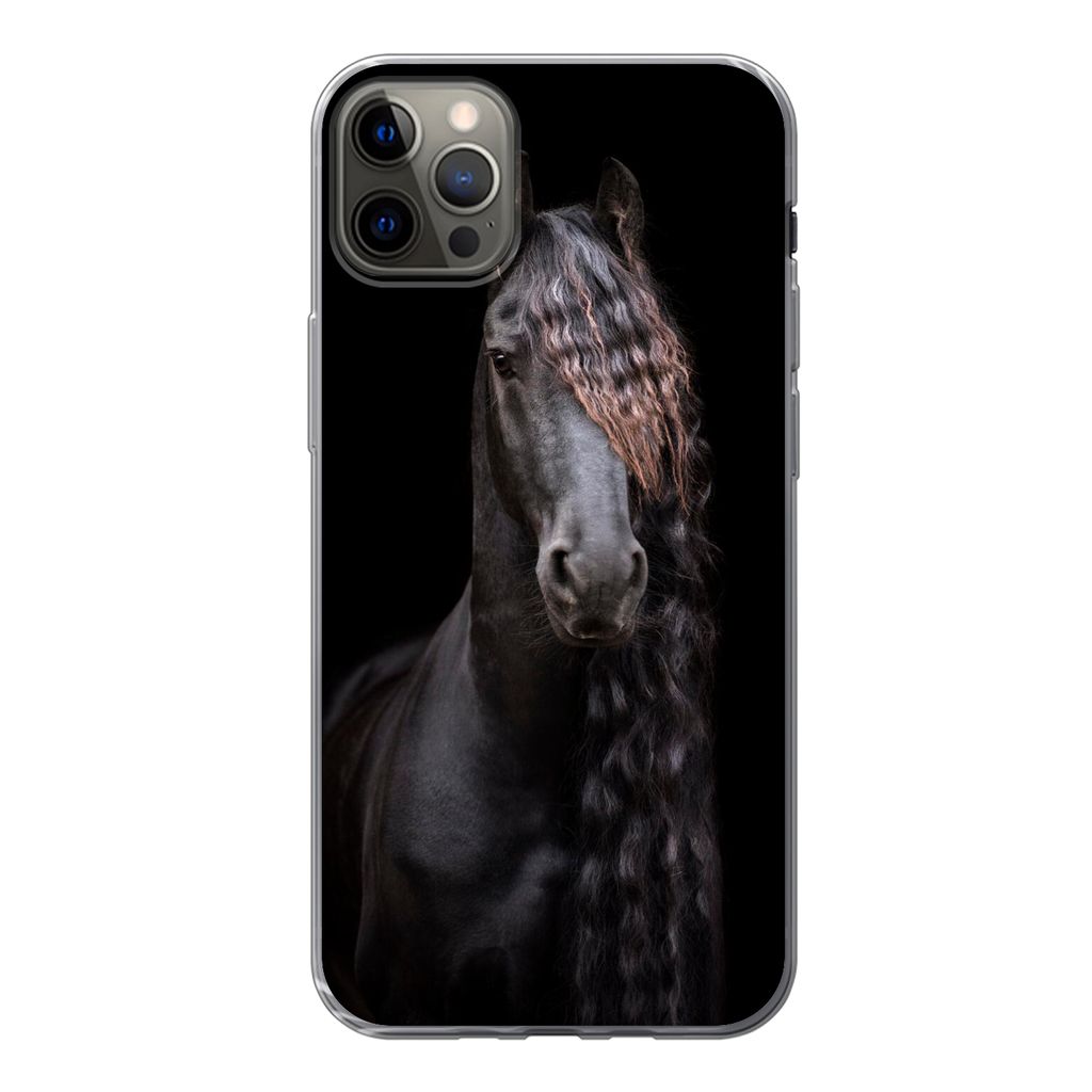 MuchoWow Handyhülle Schutzhülle Hülle für iPhone 12 Pro Max Pferde - Friesisch - Mähne - Schwarz - Tiere Silikon Softcase Handy Hülle - Har...
