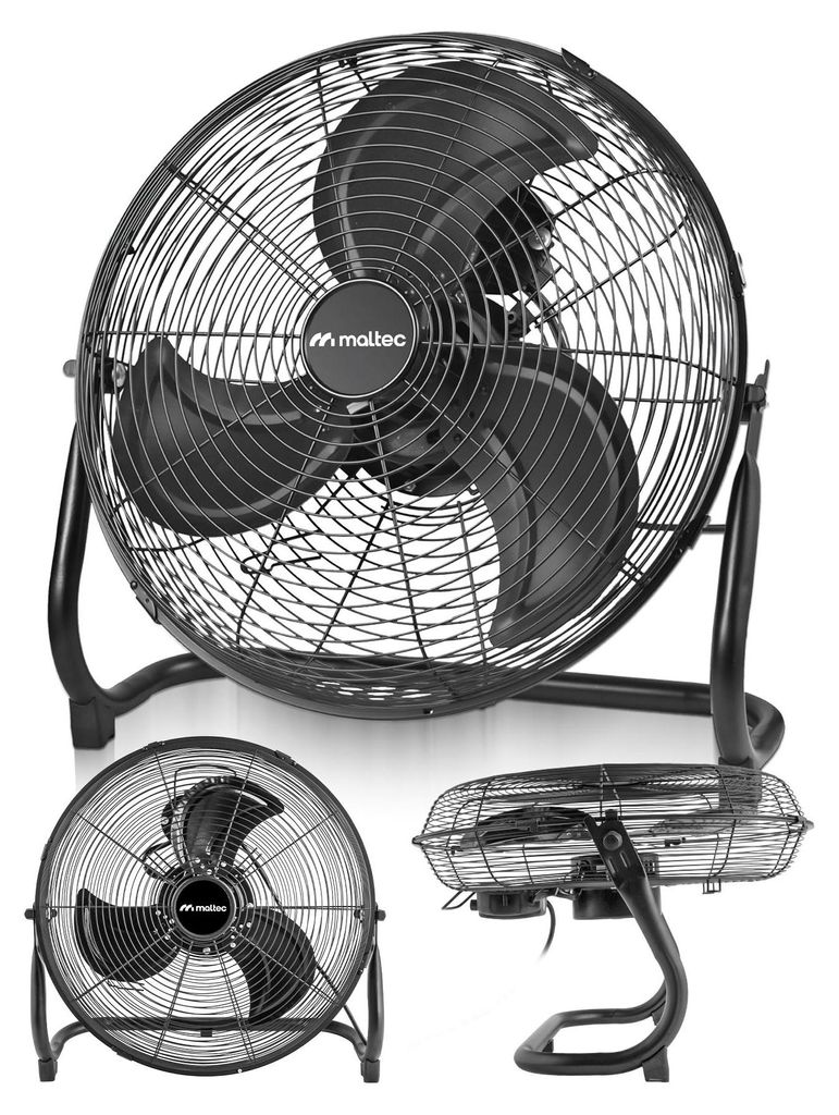 A collage of a black floor fan from different angles.