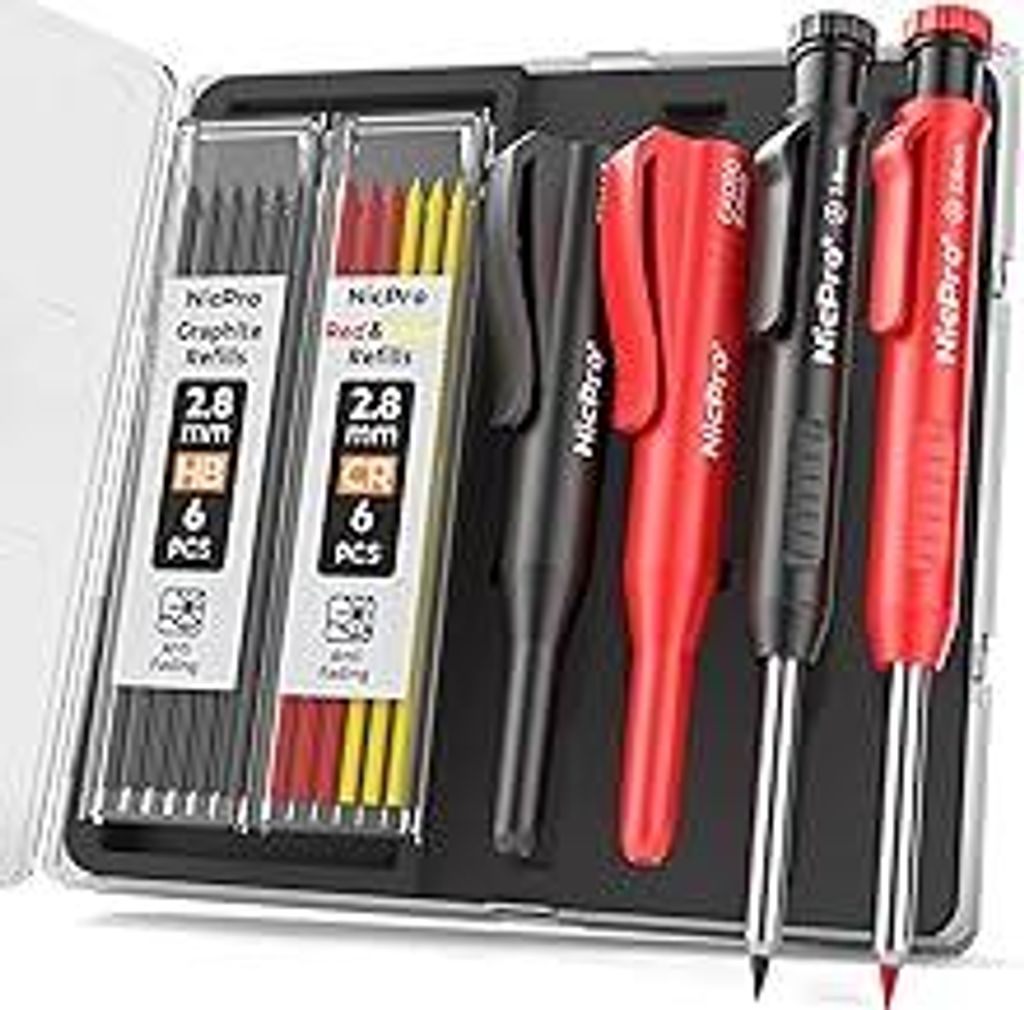 Nicpro 2 Stück Zimmermannsbleistifte mit Spitzer und Kappe, Tischler Bleistifte Set mit 12 Ersatzminen (Rot, Schwarz, Gelb), Druckbleistift Marker...