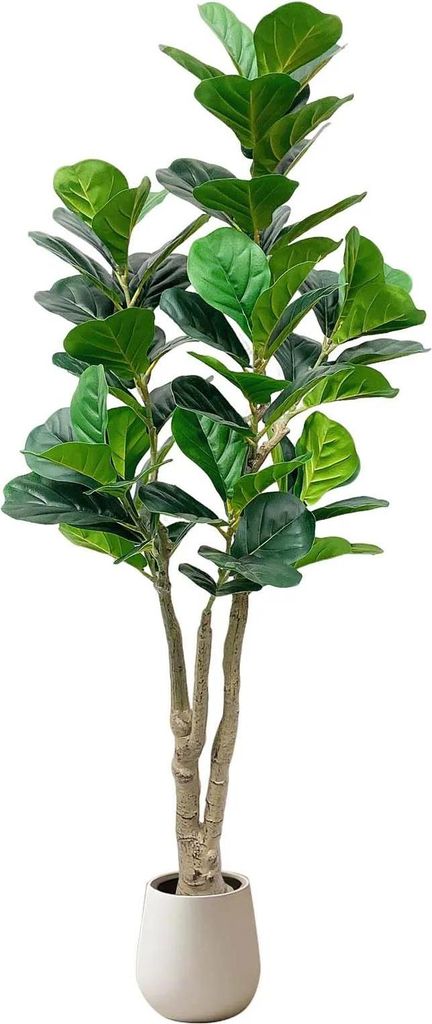 Künstliche Geigenfeige (Ficus lyrata) - Baum - Bodenpflanze - Für draußen - Größe 4XL - Harz - Milchweißer Übertopf - Grün