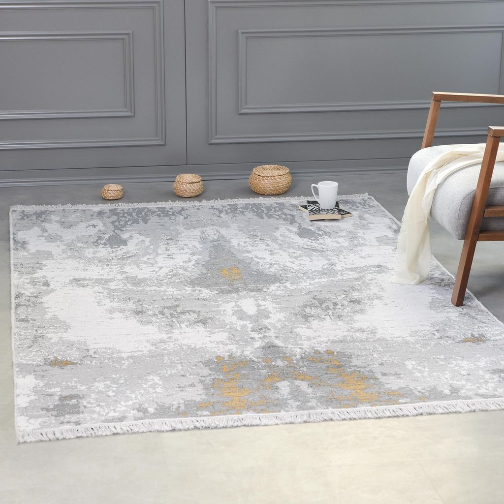 Kurzflor Teppich Läufer - Boho Kelim Teppich, Wohnzimmerteppich, Schlafzimmer und Küchenteppich, Flur Teppich, 80 x 200 cm, Abstract-Grau-Gold