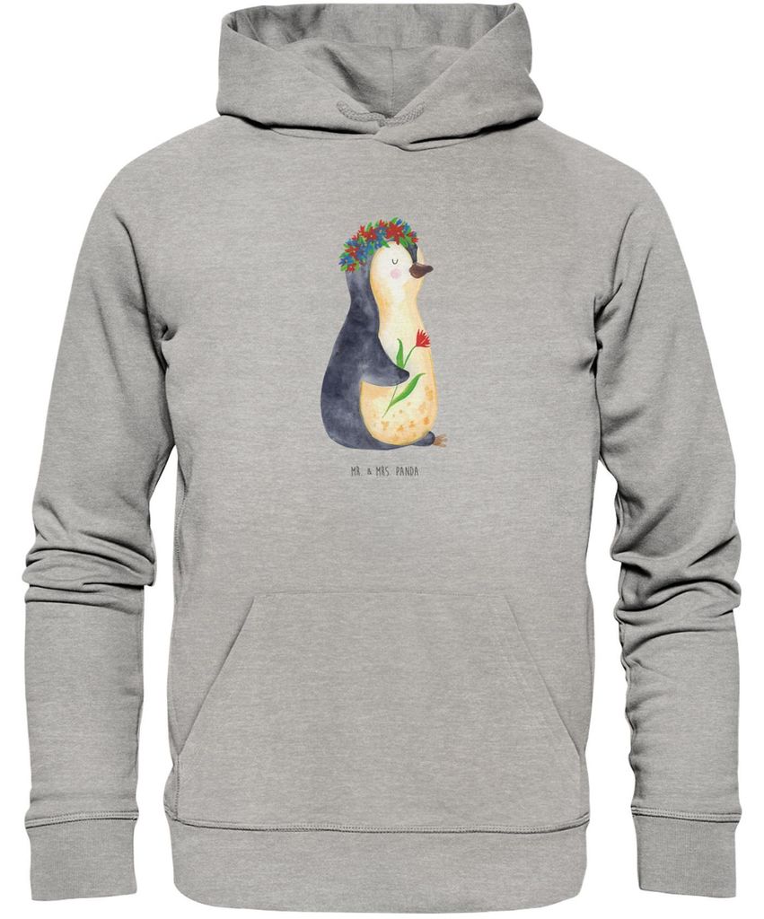 Mr. & Mrs. Panda Sustainable Hoodie Pinguin Blumen Größe XS - Heather Grey - Geschenk, Kapuzenshirt, Leben, Sweatshirt, Wunderschön, Blumenkranz...
