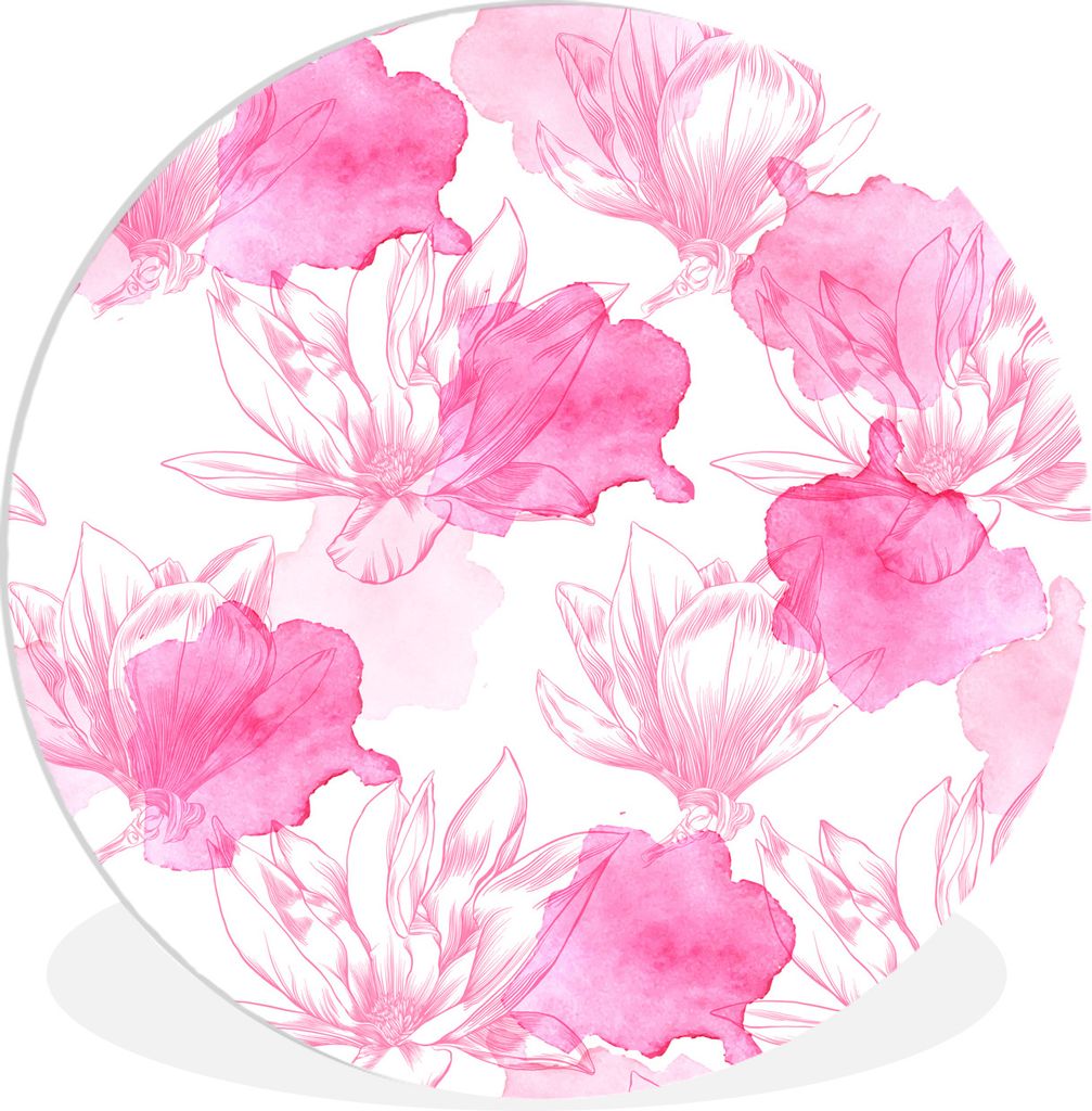 MuchoWow Rundes Wandbild - Runde Bilder Frühling Illustration Magnolienblüten Ø 90 cm Kreis Wanddekoration Kunststoff - Wandkreis - Wandschmuc...