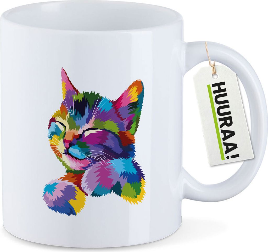 Huuraa Kaffeetasse Katze Colorful 330ml Weiß Keramik Kaffeebecher Geschenkidee