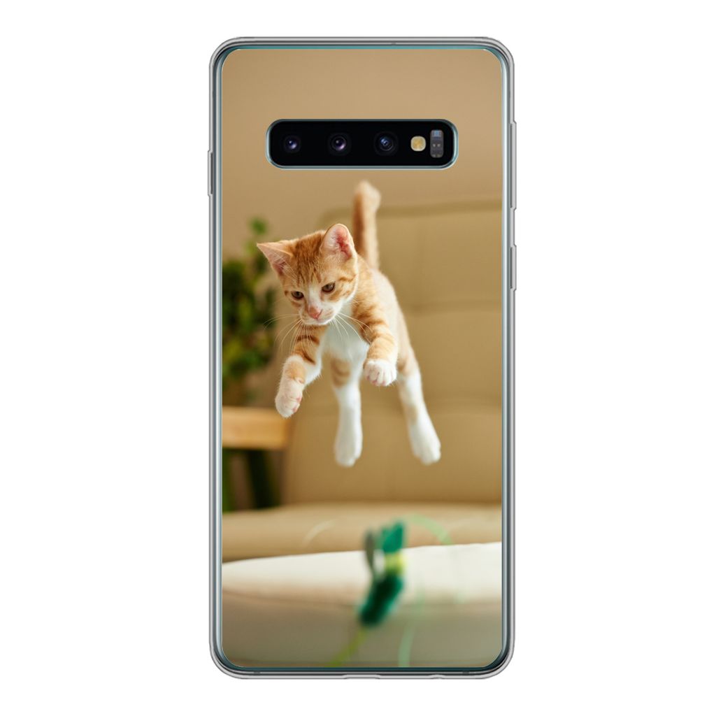 MuchoWow Handyhülle Schutzhülle Hülle für Samsung Galaxy S10 Katze - Springen - Spielzeug Silikon Softcase Handy Hülle - Handytasche