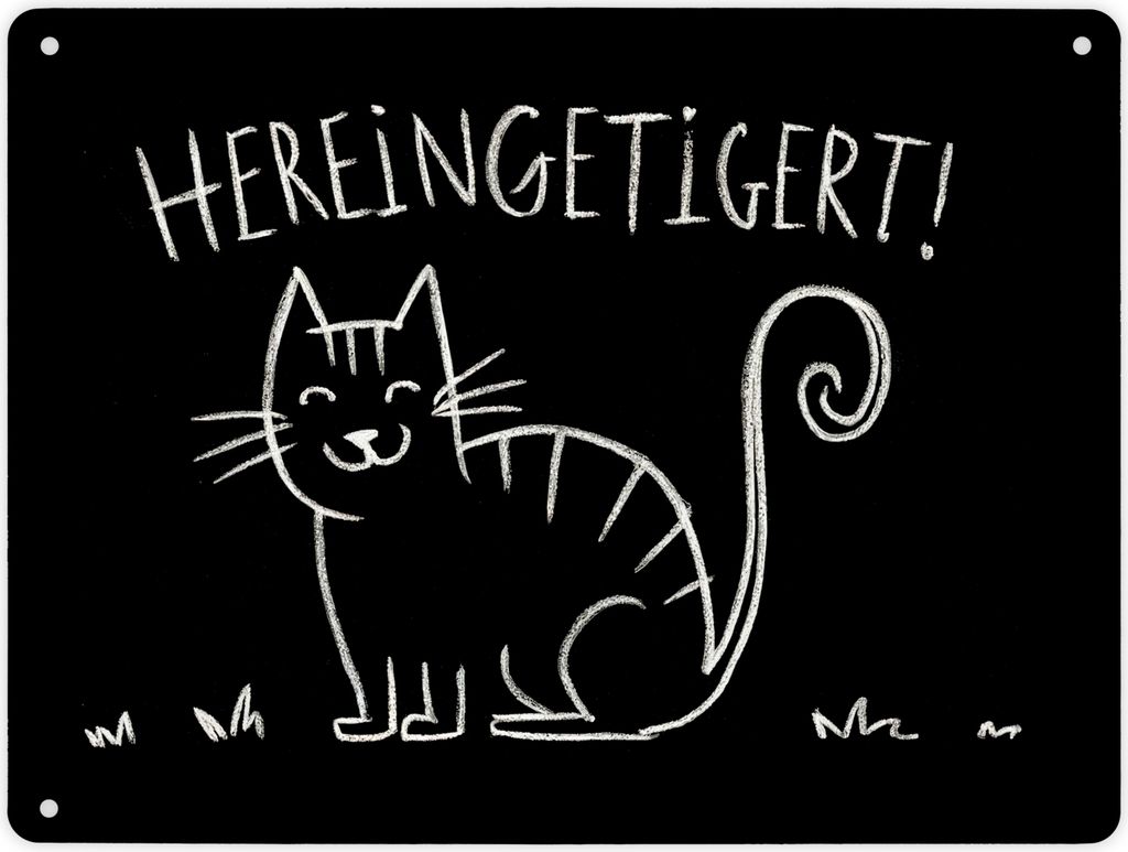 Hereingetigert! Metallschild XL in 21x28 cm mit lächelnder Katze