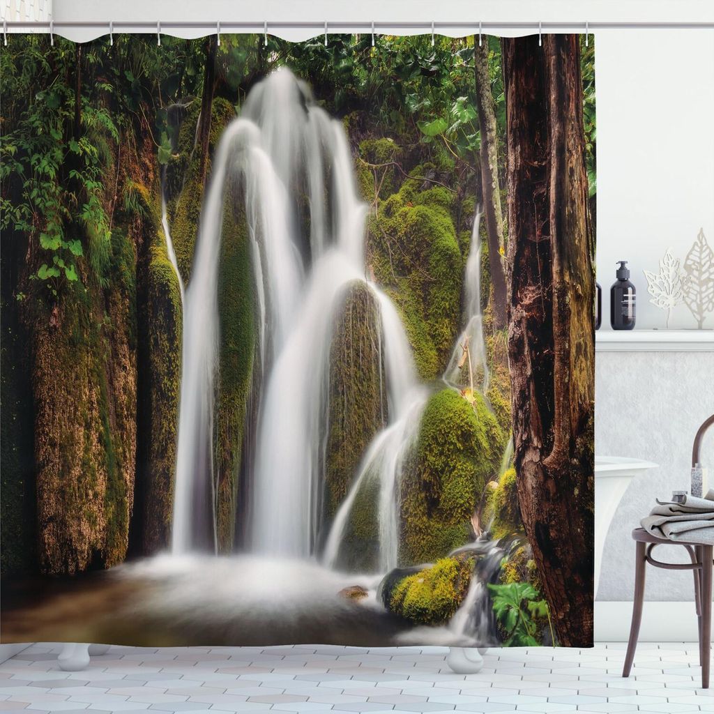 ABAKUHAUS Wasserfall Duschvorhang, Epischer Naturwunder die Klippen im Grünen Tief im Regenwald Baum Mystisch Foto, 175 x 220 cm, Weiß Grün