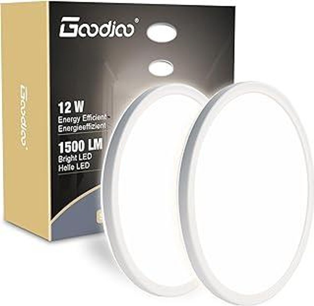 Goodjoo 2Stück LED Deckenleuchte Flach, 12W 4000K 1500LM Ø19cm Deckenlampe Rund, Modern IP44 Badlampe Badezimmerlampe Decke, Ultra Dünn LED Lamp...
