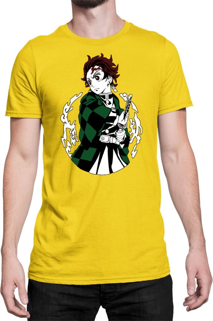 Herren T-Shirt Demon Anime Slayer Kimetsu No Yaiba Tanjiro Kamado 013, Man S / Gelb