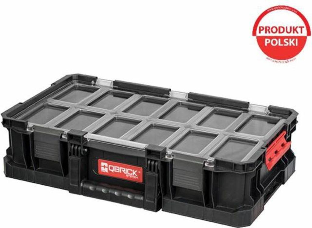 A black tool organizer box with clear compartments on top.