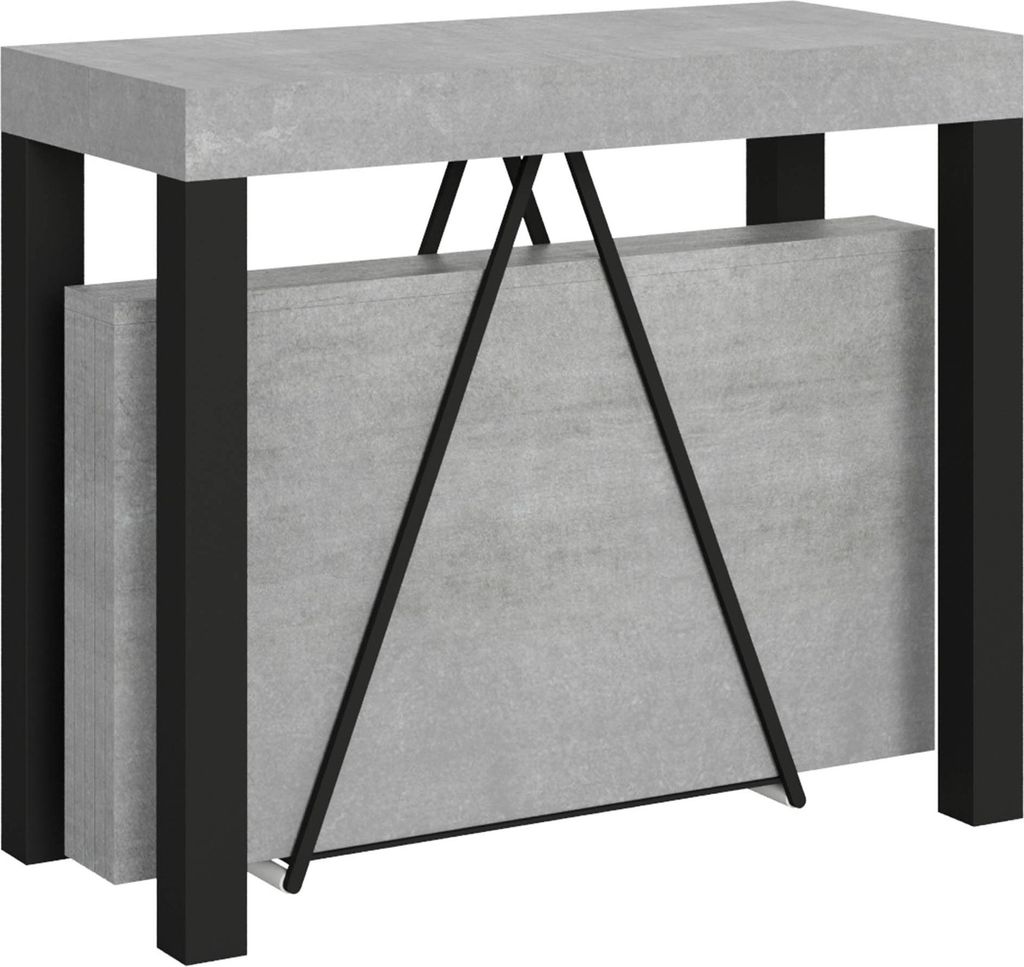 ITYHOME - Ausziehbarer Konsolentisch 90x40/196 cm Tiris Small Zement mit Eisenrahmen aus Anthrazit