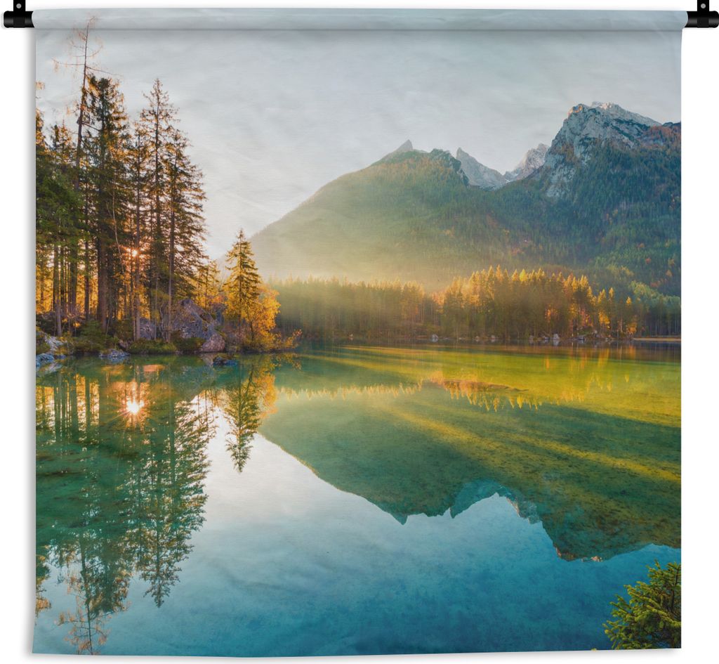 MuchoWow Wandteppich Wandbehang See - Wald - Berge - Natur - Sonne - Landschaft 120x120 cm Tapisserie Dekoration Wandtuch - Modern - Baumwollgewebe
