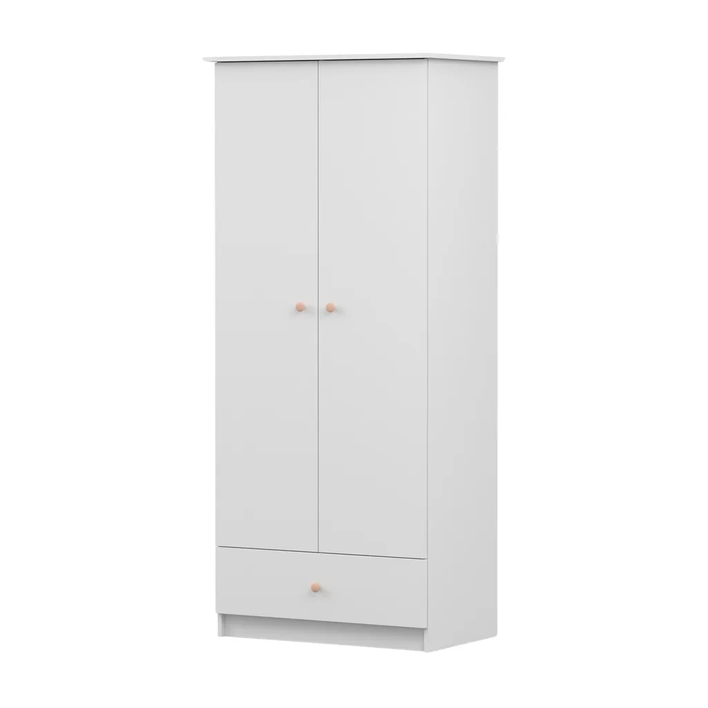 Armoire 2 portes Olaf 06 blanche 85cm avec poignées roses et tiroir