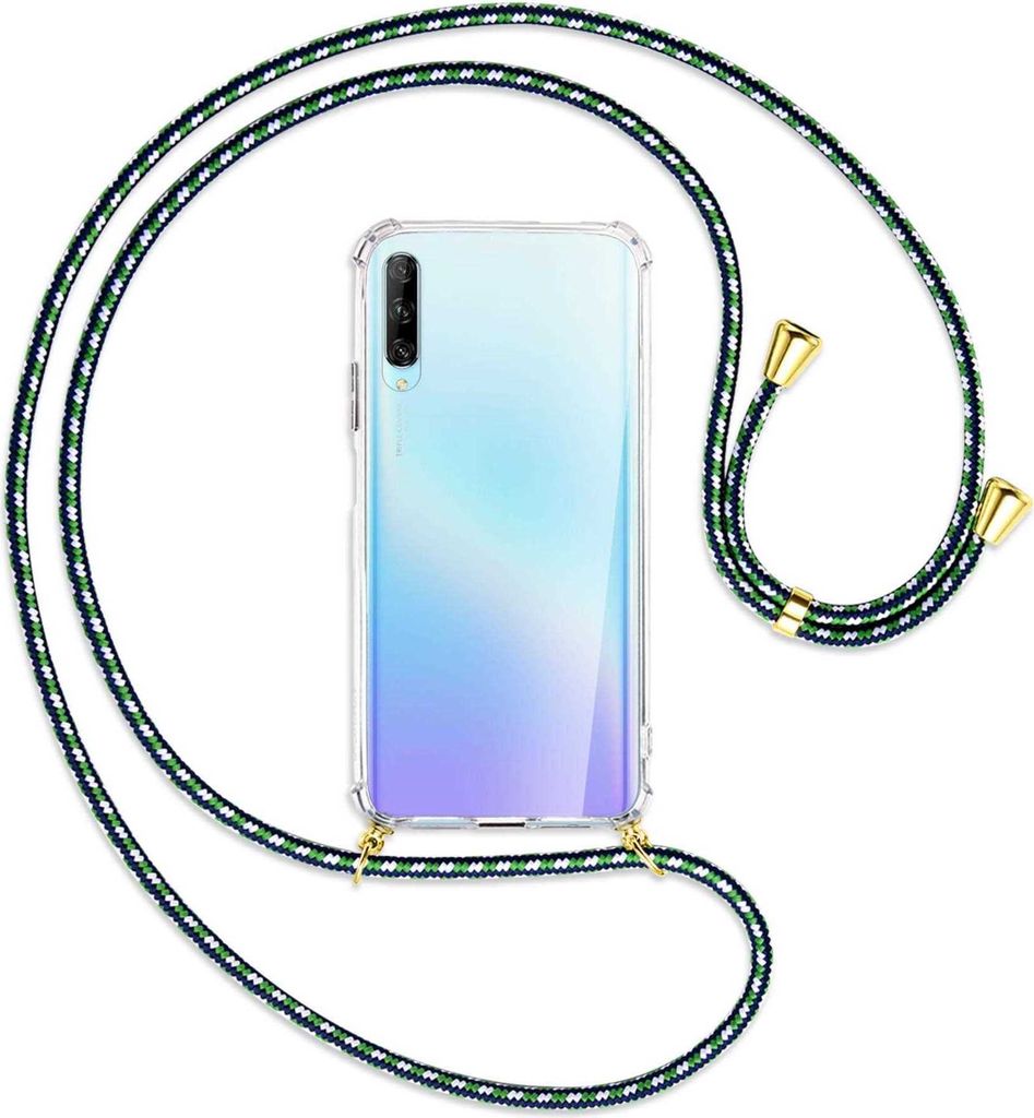 Handykette Backcover-Schutzhülle mit Band (Metall goldfarben) für Huawei P Smart Pro 2019 - grün/blau/weiß