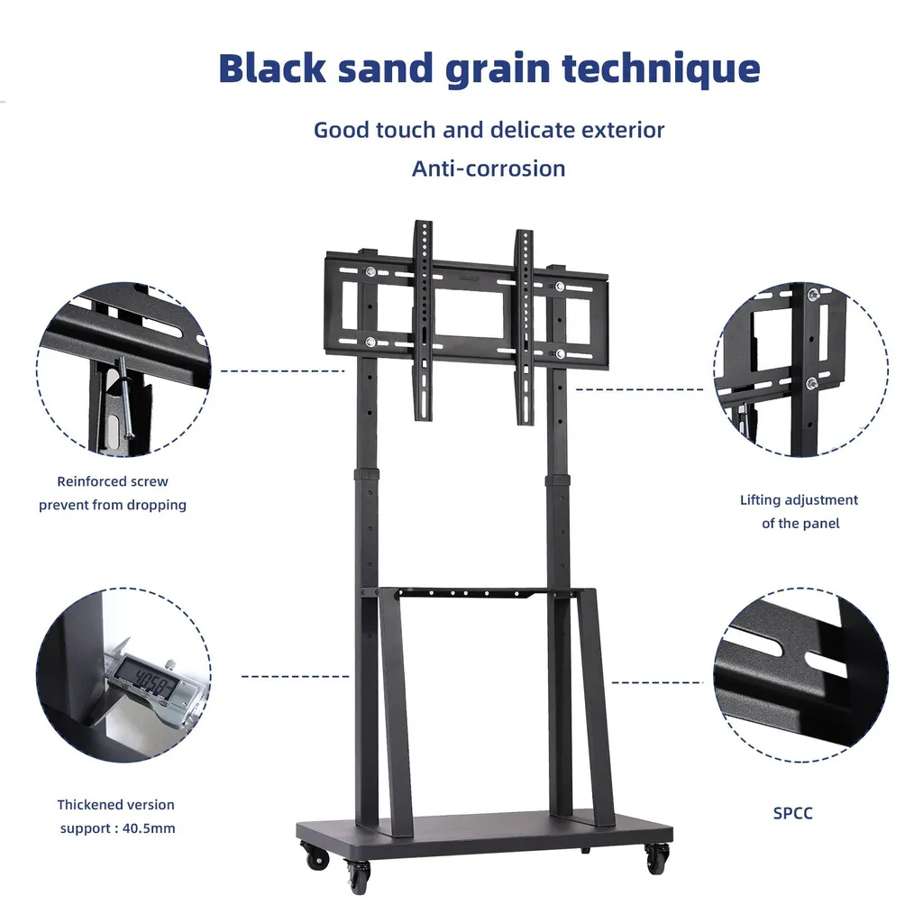 Support TV réglable en hauteur avec roues - Structure Acier Noir Robuste - 5