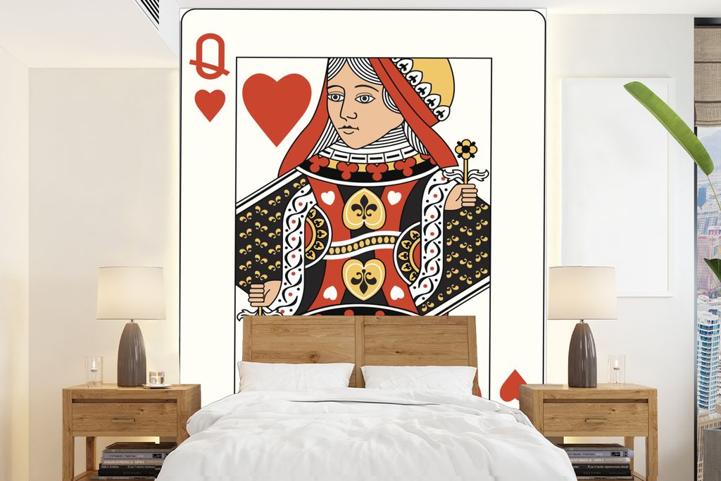 MuchoWow Fototapete für Wohnzimmer oder Schlafzimmer Wandtapete Vinyl Motivtapete Illustration einer Herz-Dame-Spielkarte - 195x260 cm - Wandbild