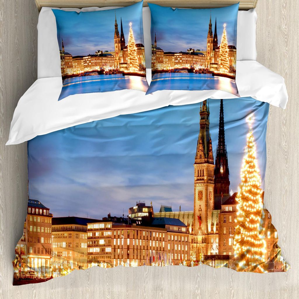 ABAKUHAUS Winter Bettbezug Set, Altes Rathaus Hamburgs Deutschland Mit Weihnachtsbaum Historische Architektur, 155 x 220 cm + 80 x 80 cm, Orange Br...