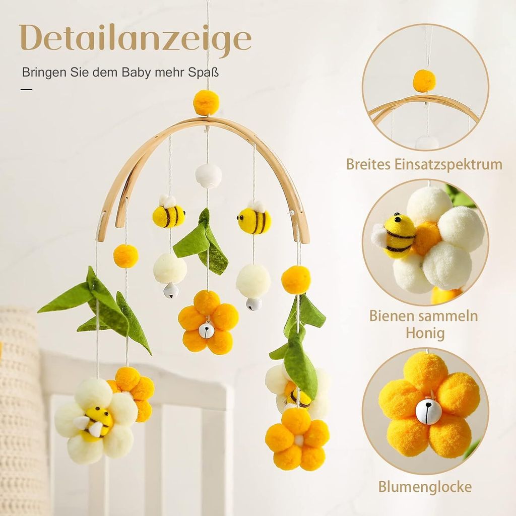Mobile Baby Holz + Wollknäuel, Frische Blumen und Bienen, Produktbild 3