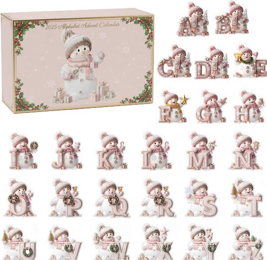 Adventskalender 2025 mit Schneemann-Buchstaben (26 Tage) und 2D-Acryl-Anhängern in Rosa – ideal für die Weihnachtsbaumdekoration.