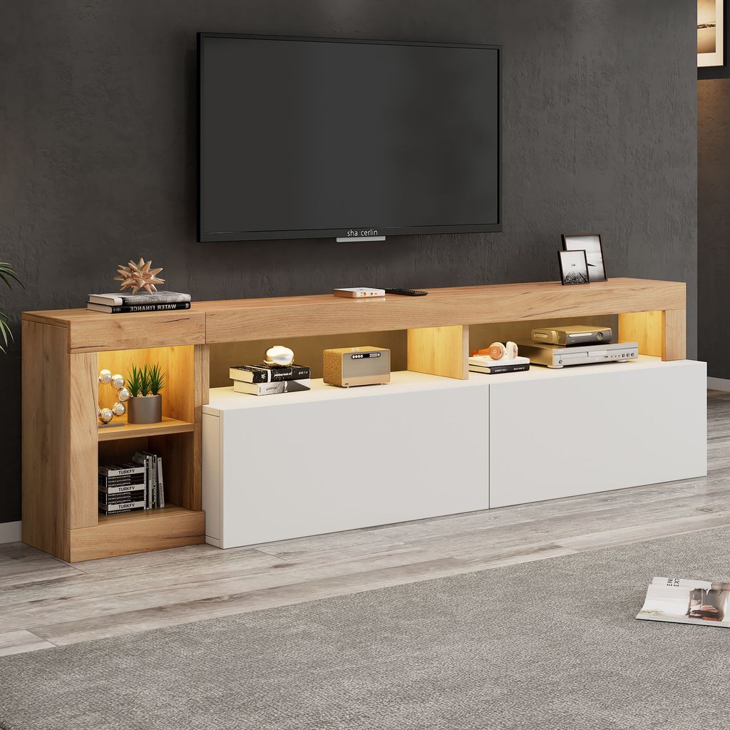 STILVORA Moderner TV-Schrank Fernsehschrank für Fernseher bis 80 Zoll,Fernsehbank mit LED-Kontrollleuchte und Holzrahmen,Holz+Weiß