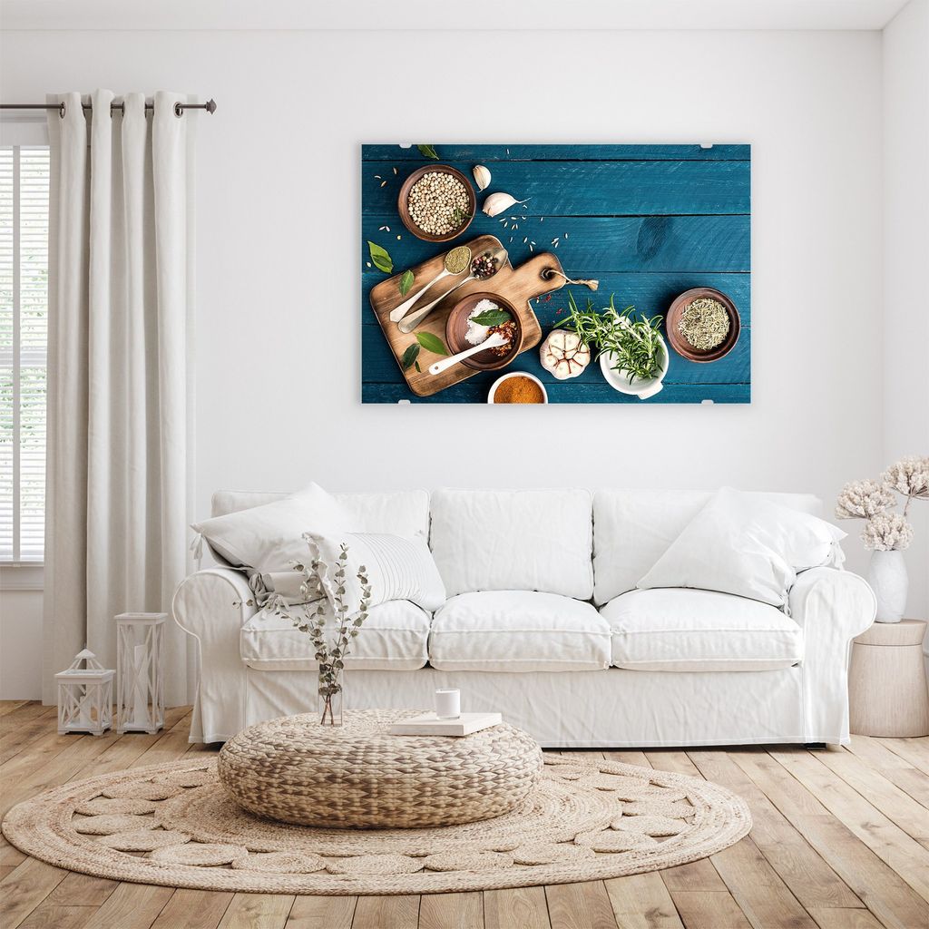 Glasbild Wandbild Gewürze auf Holztisch 60x40cm in XXL für Wohnzimmer, Schlafzimmer, Badezimmer, Flur