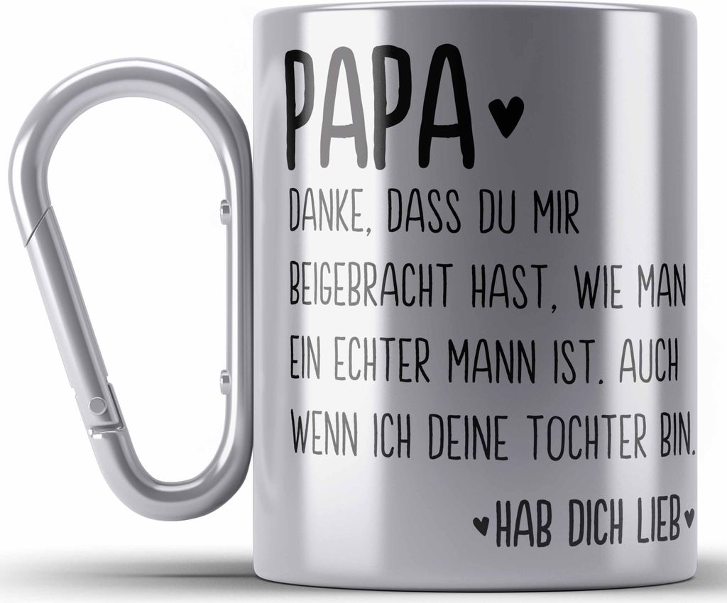 Trendation - Papa Edelstahl Tasse Karabiner Geschenk von Tochter Karabiner Edelstahl Tasse Karabiner Edelstahl Sprüche Vatertag Geschenkidee Spruc...