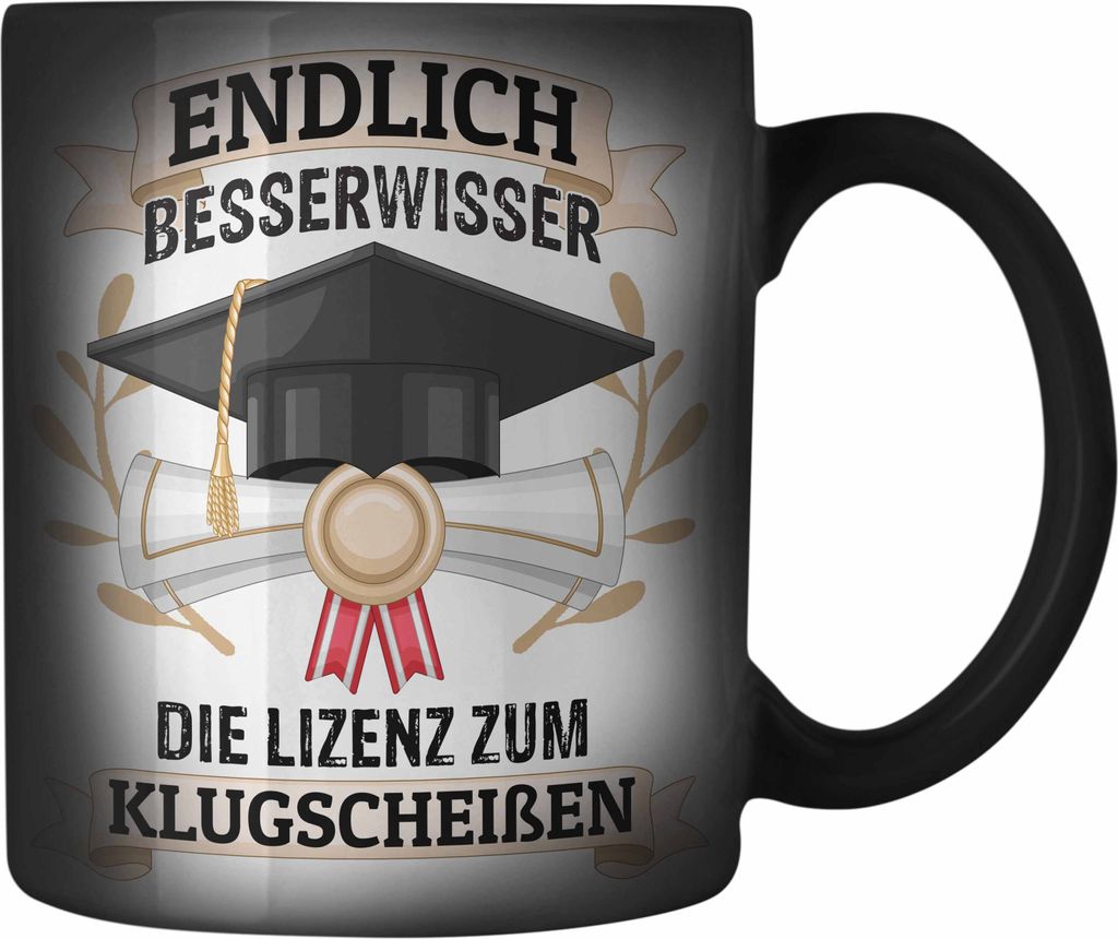 Trendation - Bachelor Abschluss Geschenk Farbwechsel Zauber-Tasse Prüfung Bestanden Uni Graduation Geschenkidee - Endlich Besserwisser (Schwarz)