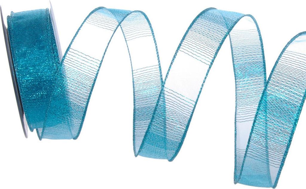 Organzaband "Glamour-Stripes" - Türkis - mit Drahtkante - 25 mm - 10 m - 93134-25-10-75