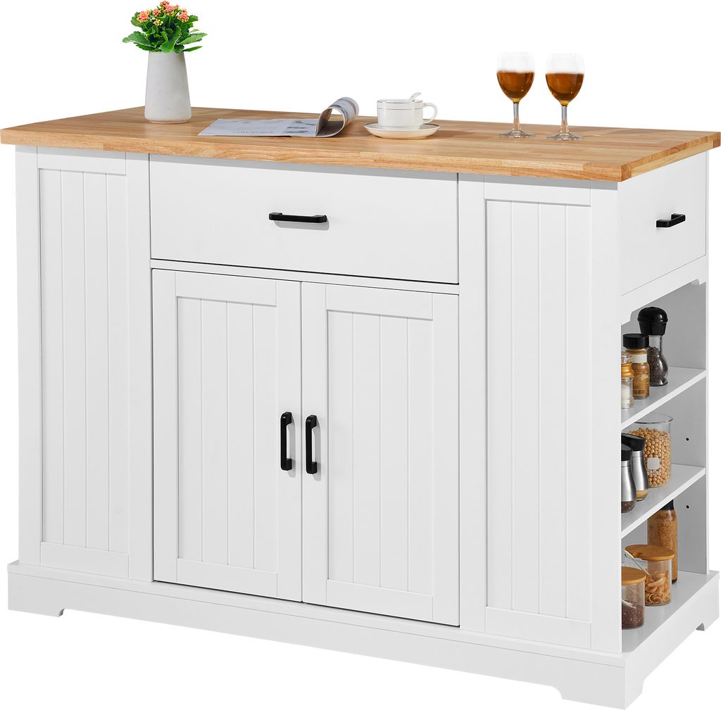 A white kitchen island with a wooden countertop is shown against a white background.