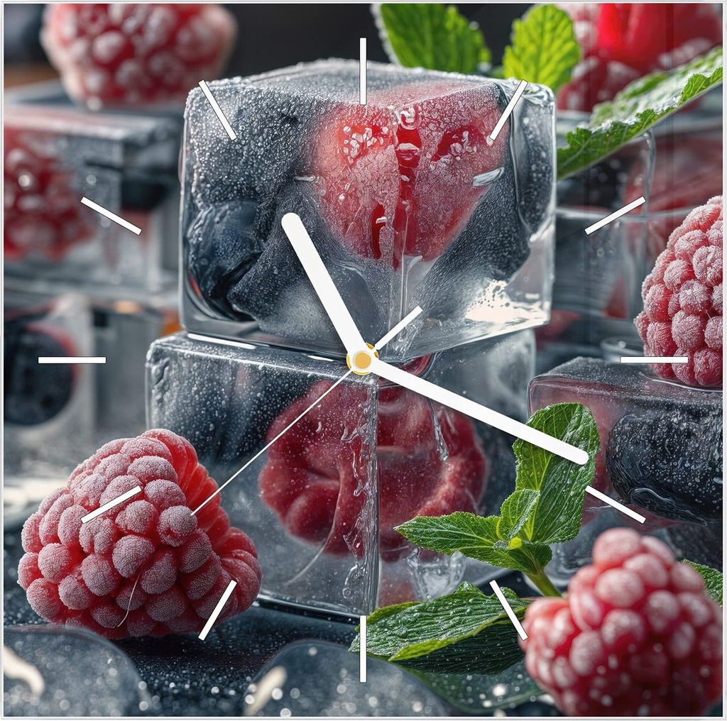 Wanduhr aus Glas mit Motiv Gefrorene Beeren- 30 x 30 cm - inkl. Aufhängesystem