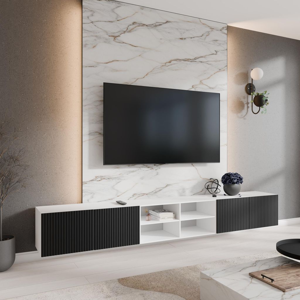 Moderner TV-Schrank 300 cm fürs Wohnzimmer MIKA, 4-türiger TV-Schrank ohne Füße, Modischer Schrank mit Frontmuster mit offenen Fächern, Farbe:...