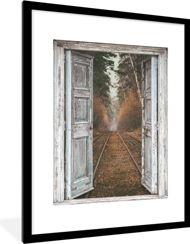 MuchoWow Gerahmtes Poster Eisenbahnschienen - Herbst - Aussicht - Wald 60x80 cm - Poster mit Schwarzem Bilderrahmen Wandposter Rahmen Foto Bilder...