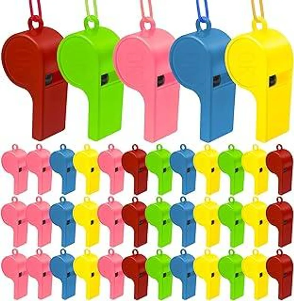 72 fischietti di plastica per bambini, fischietto sportivo colorato con cordino per attività sportive scolastiche, feste, addestramento cani, arbitri, bagnini (5 colori)