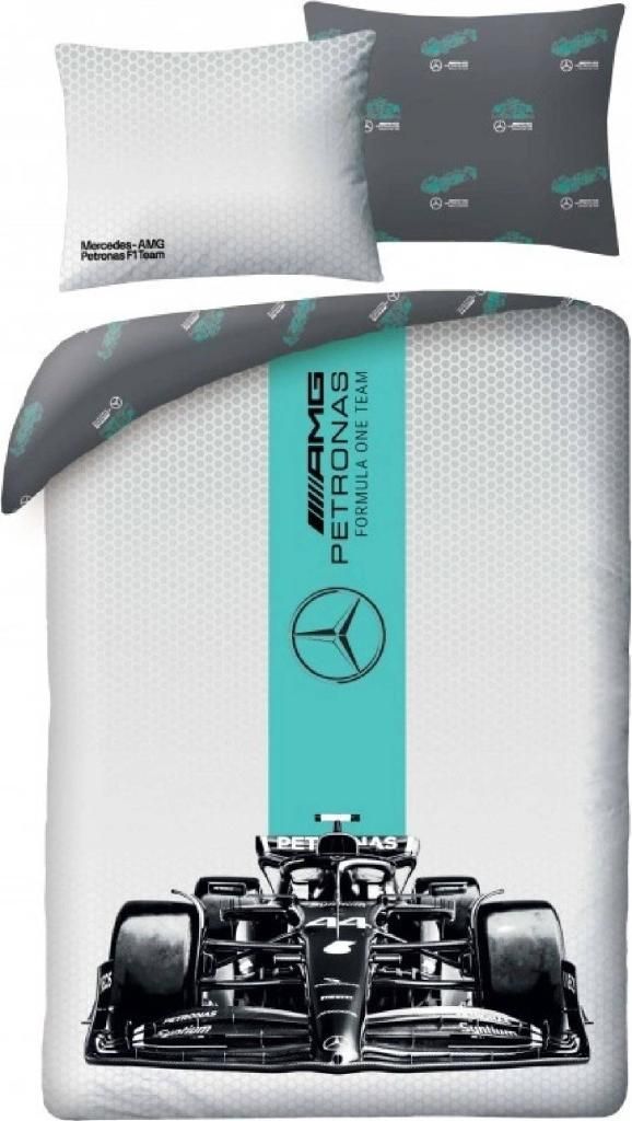 A bedding set with a Formula 1 Mercedes-Benz theme, including a duvet cover and pillowcases.