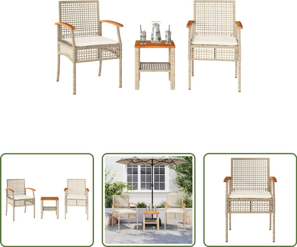 The Living Store 3-tlg. Bistro-Set mit Kissen Beige Poly Rattan Akazienholz