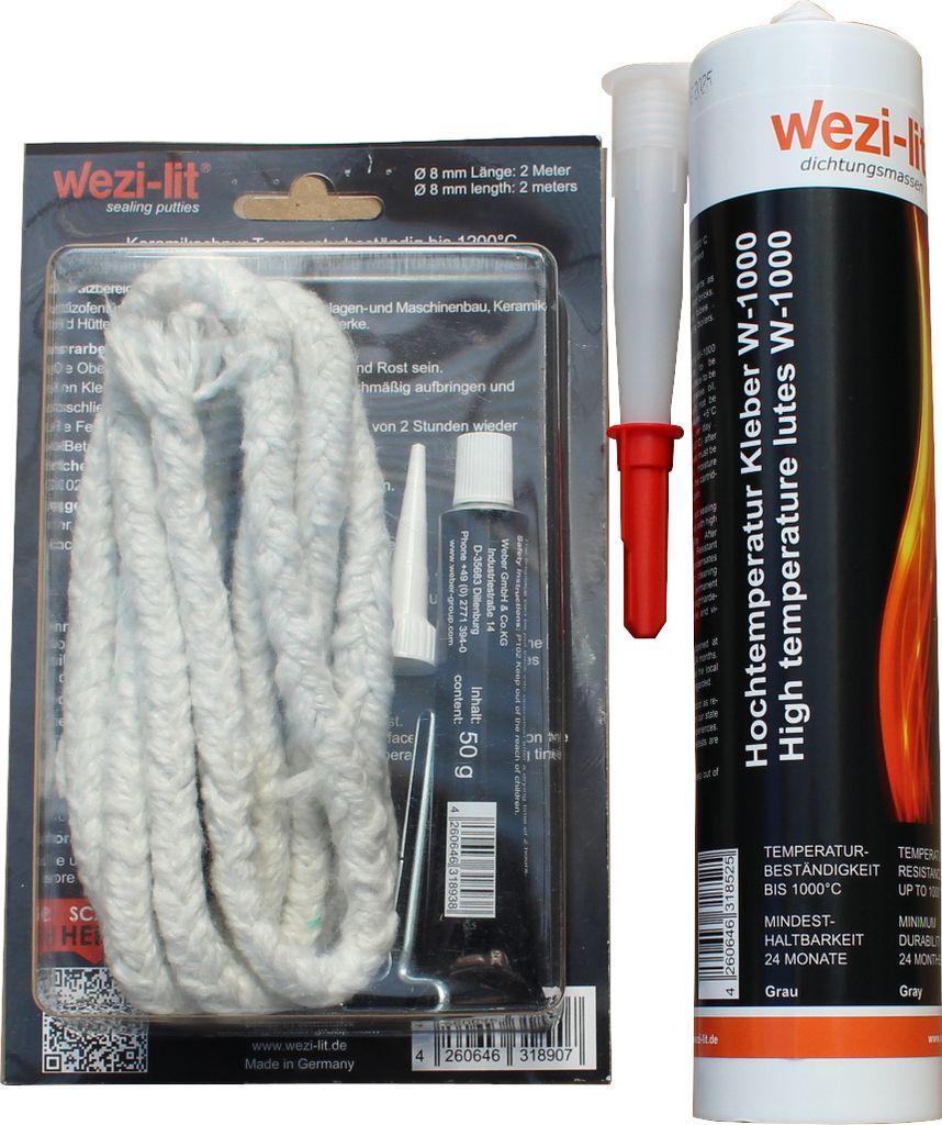 Keramikschnur Ø 6mm 2m + Ofenschnur Kleber 50g -1200° + Dichtmasse 310ml hitzebeständig bis 1000°