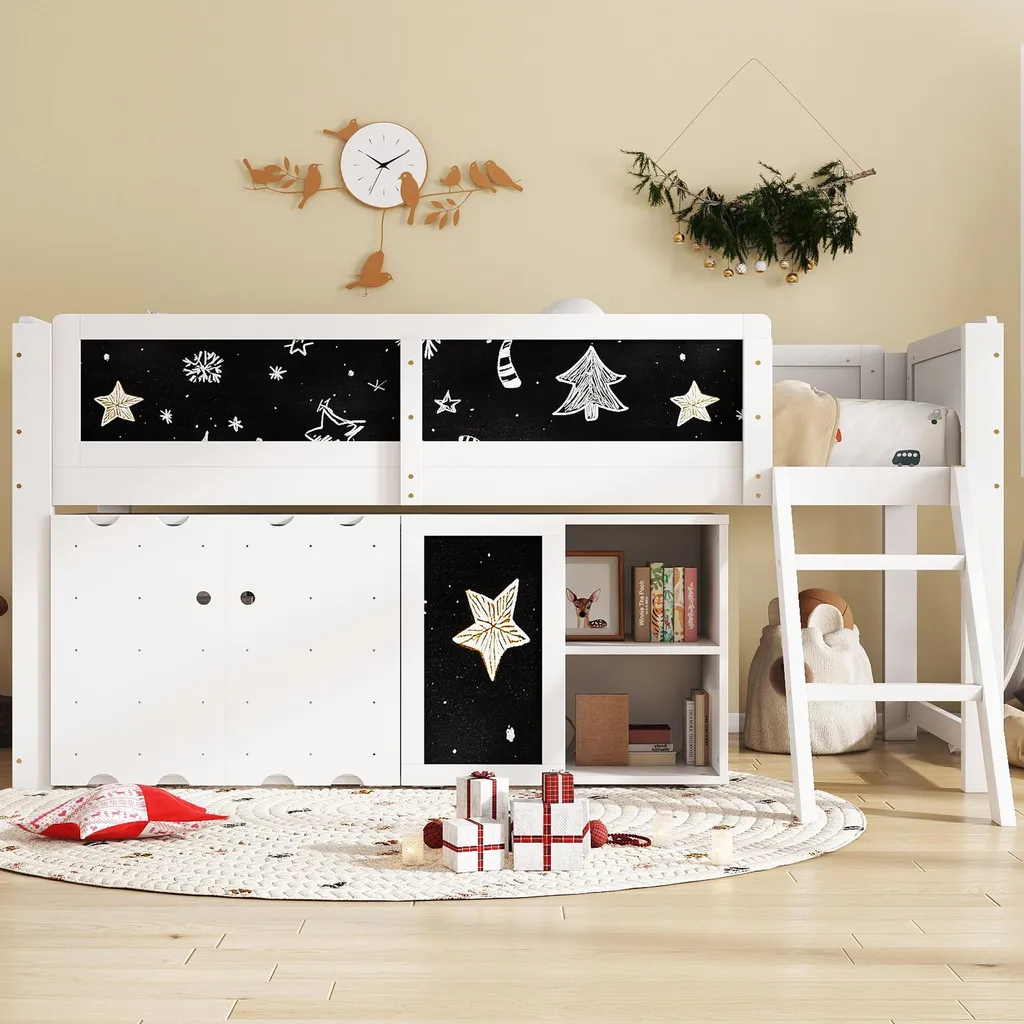 Lit combiné enfant 90x200 cm avec armoire de rangement et échelle bois