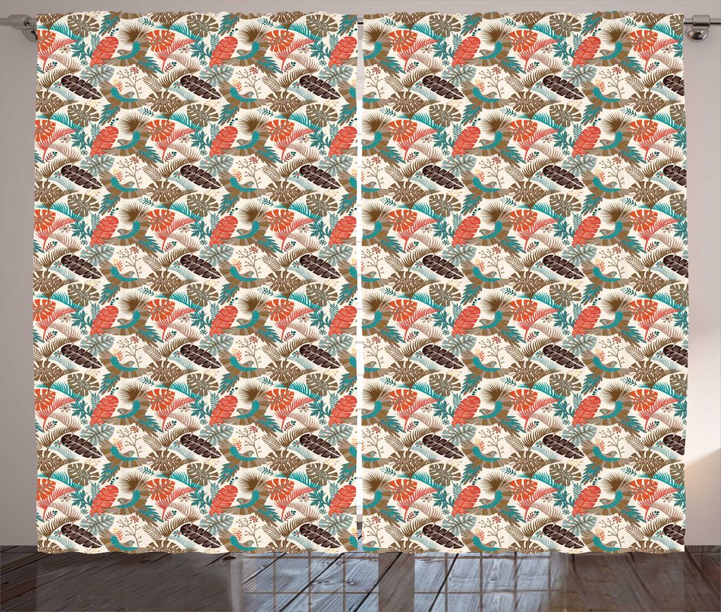 ABAKUHAUS Exotisch Rustikaler Gardine, Tropic Blätter und Papageien, Schlafzimmer Kräuselband Vorhang mit Schlaufen und Haken, 280 x 225 cm, Elfe...