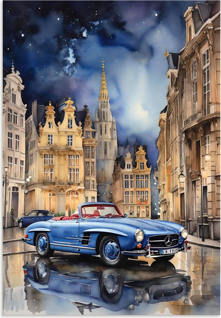 ARTland Wandbild Alu für Innen & Outdoor Mercedes 190SL - Nacht in der Stadt Größe: 70x100 cm
