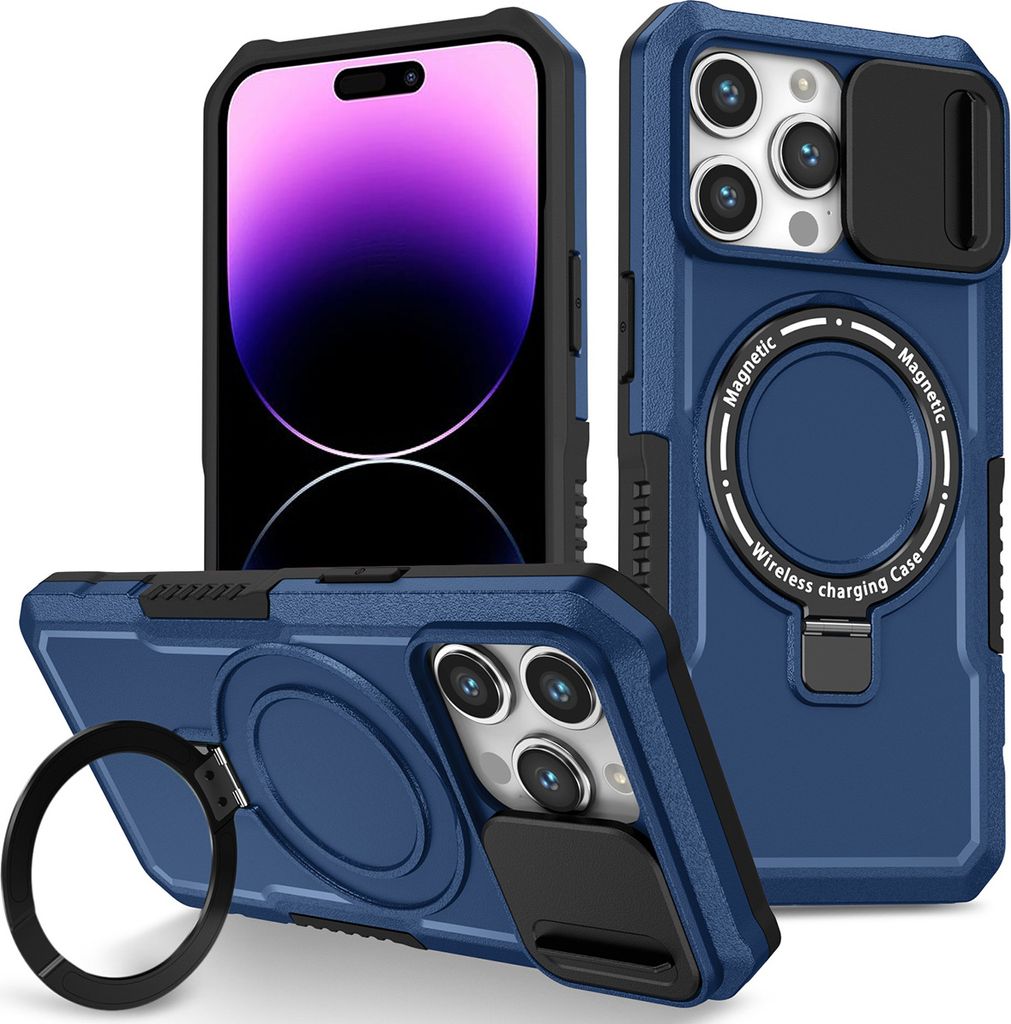 Handyhülle für iPhone 14 Pro Max Kompatibel mit MagSafe, Robuste Hülle mit Schiebe Kamera Schutz, Magnetischer Ringständer Blau